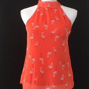 BCX Flamingo print on coral color top. Sz XS.  EUC